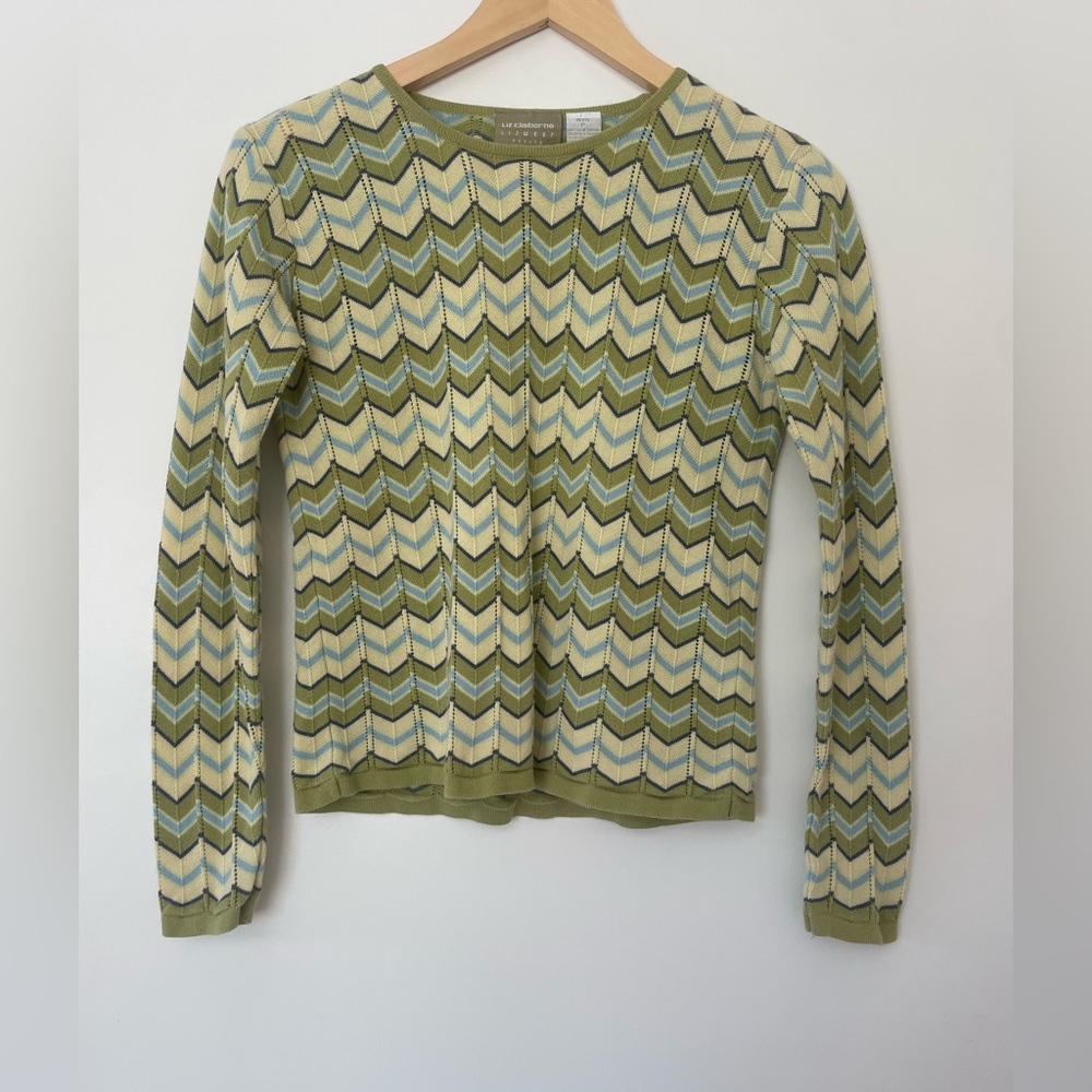 Liz Claiborne Olive & Cream Chevron Crewneck Sweater
